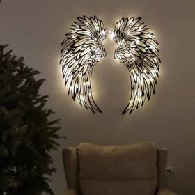 Carved Metal Wall Decor Art With Light Angel Wings Decoration (Color: Black with light, Size: 45cm)