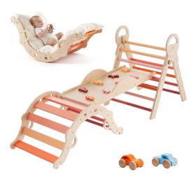 Pikler Triangle Set, 9-in-1 Toddler Climbing Toys Indoor, with 2 Wooden Cars, Cushion, Triangle, Arch, and Ramp, 150 lbs Load (Accessories: With Cars+Mat, Color: orange)