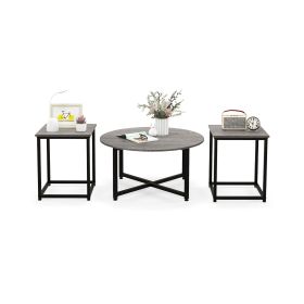 3-Piece Coffee Table Set Round Coffee Table and 2PCS Square End Tables (Color: Gray)