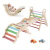 Pikler Triangle Set, 9-in-1 Toddler Climbing Toys Indoor, with 2 Wooden Cars, Cushion, Triangle, Arch, and Ramp, 150 lbs Load