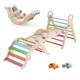 Pikler Triangle Set, 9-in-1 Toddler Climbing Toys Indoor, with 2 Wooden Cars, Cushion, Triangle, Arch, and Ramp, 150 lbs Load (Accessories: With Cars+Mat, Color: Colour)
