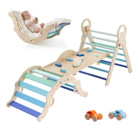 Pikler Triangle Set, 9-in-1 Toddler Climbing Toys Indoor, with 2 Wooden Cars, Cushion, Triangle, Arch, and Ramp, 150 lbs Load (Accessories: With Cars+Mat, Color: Blue)