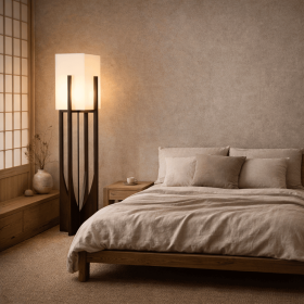 Minimalist Japanese Zen Floor Lamp, Solid Wood Standing Lamp with Soft Fabric Shade , soft ambient light perfect for bedrooms, living rooms (Color: walnut wood)